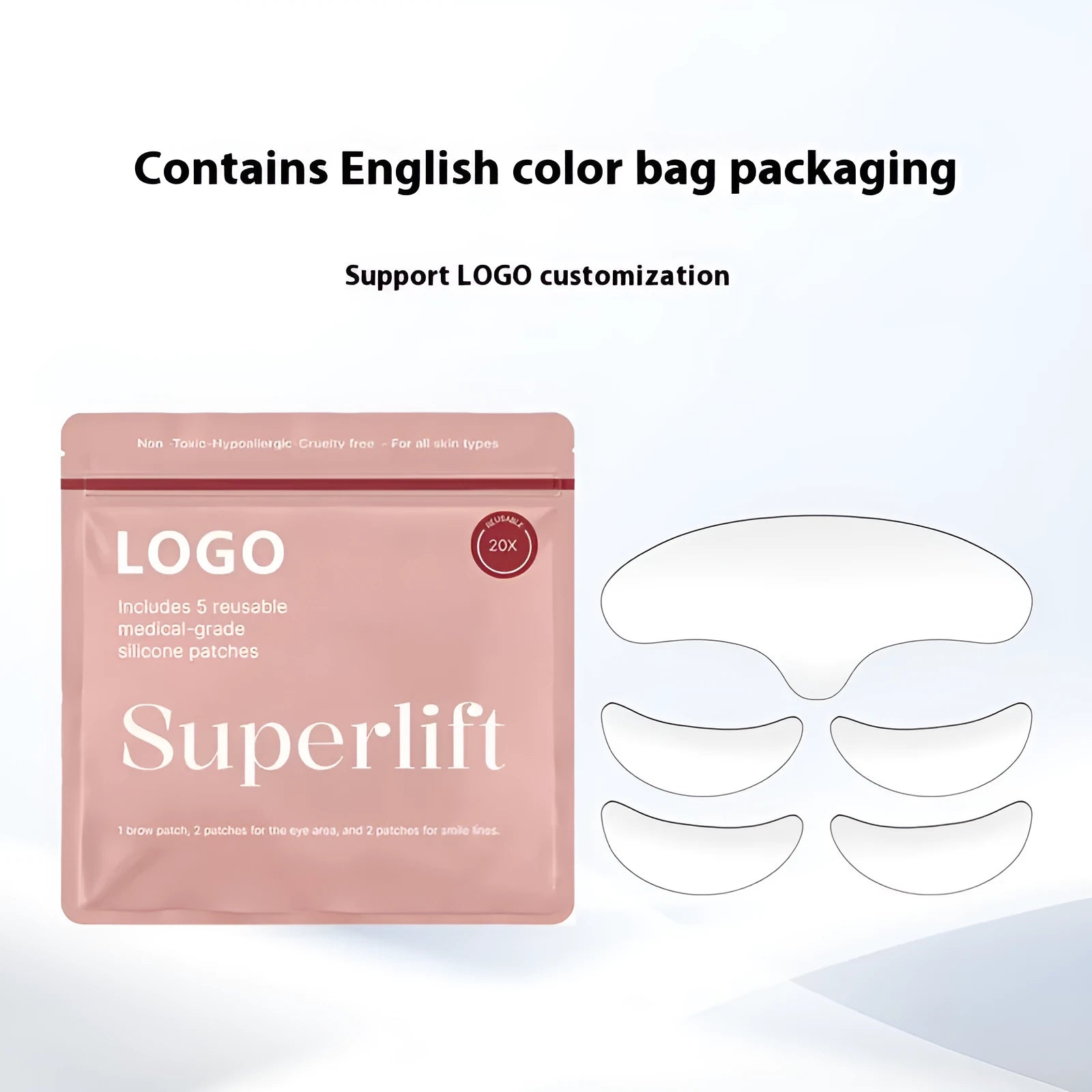 Set of five flexible silicone anti-wrinkle face stickers for wrinkle reduction