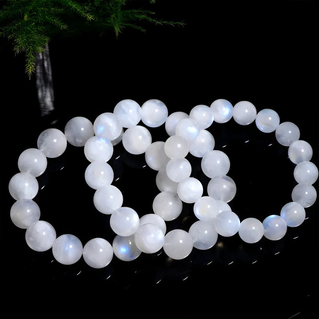 Natural blue moonlight round bead bracelet made from polished moonstone beads in geometric design