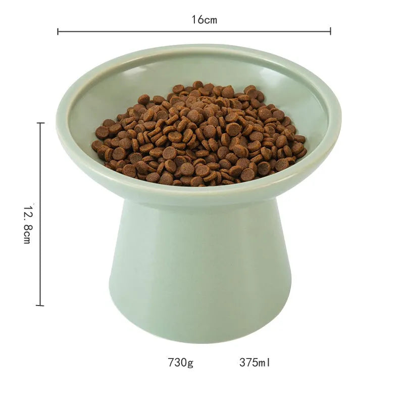 Ceramic elevated cat bowl with wide shallow design in blue, green, pink or white