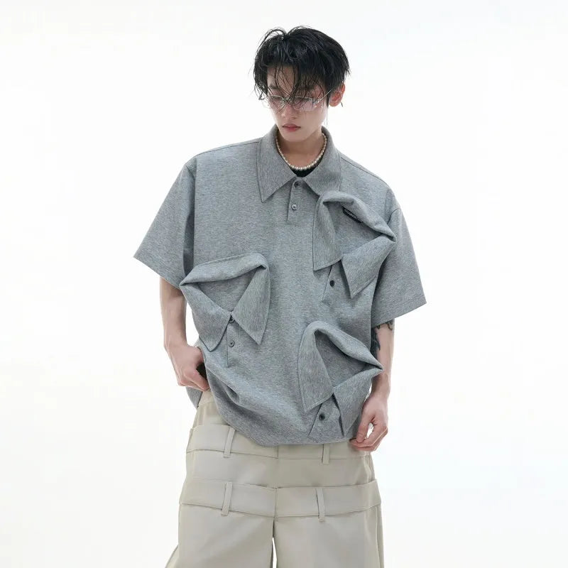 Men's deconstructed multi-collar polo shirt with geometric pattern in loose-fit design