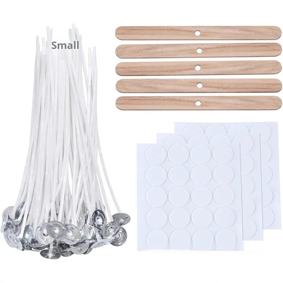 White cotton candle wicks showing three different lengths: 2.6cm, 6cm, and 8cm for DIY candle making