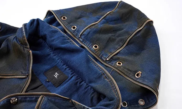 Blue hooded denim vest coat and matching trousers set with zipper front closure