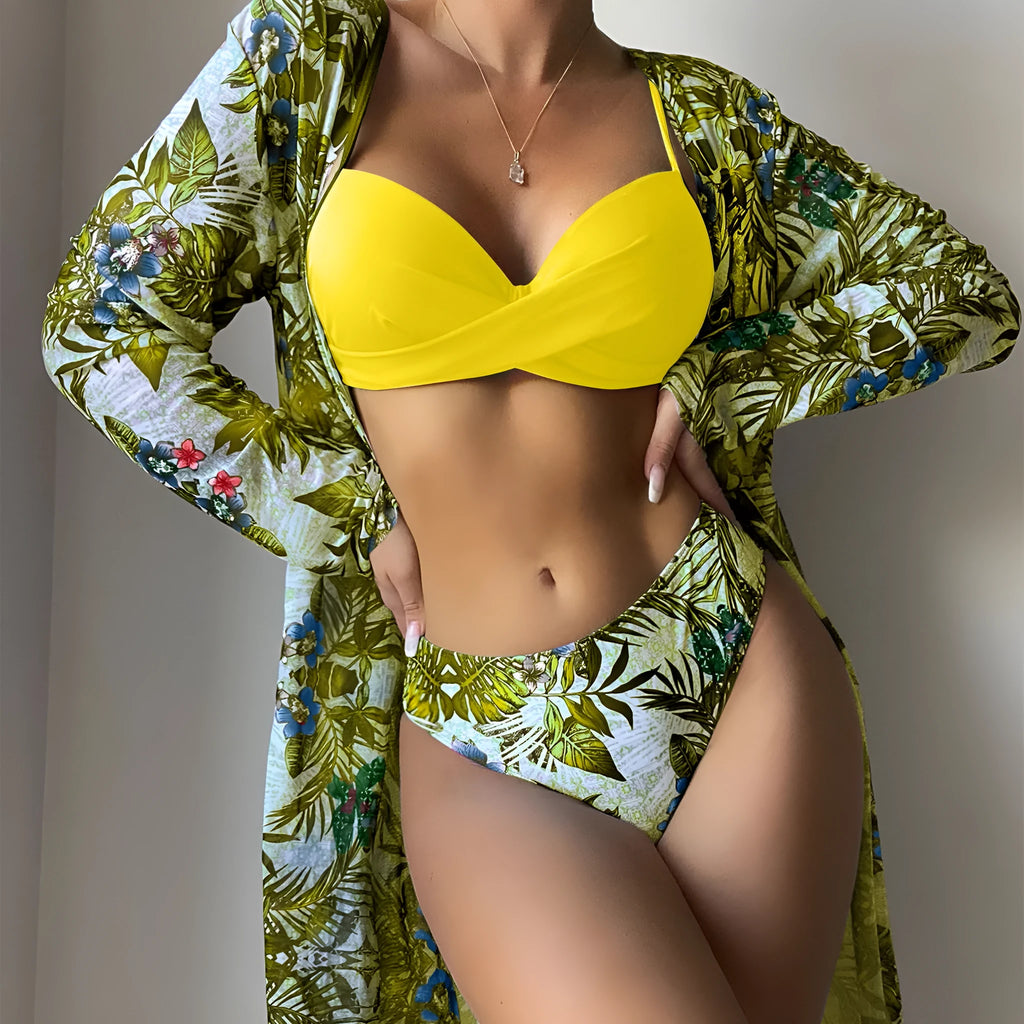 Women's hard-packed mesh split swimsuit with steel support and chest pad in yellow, available in sizes S M L