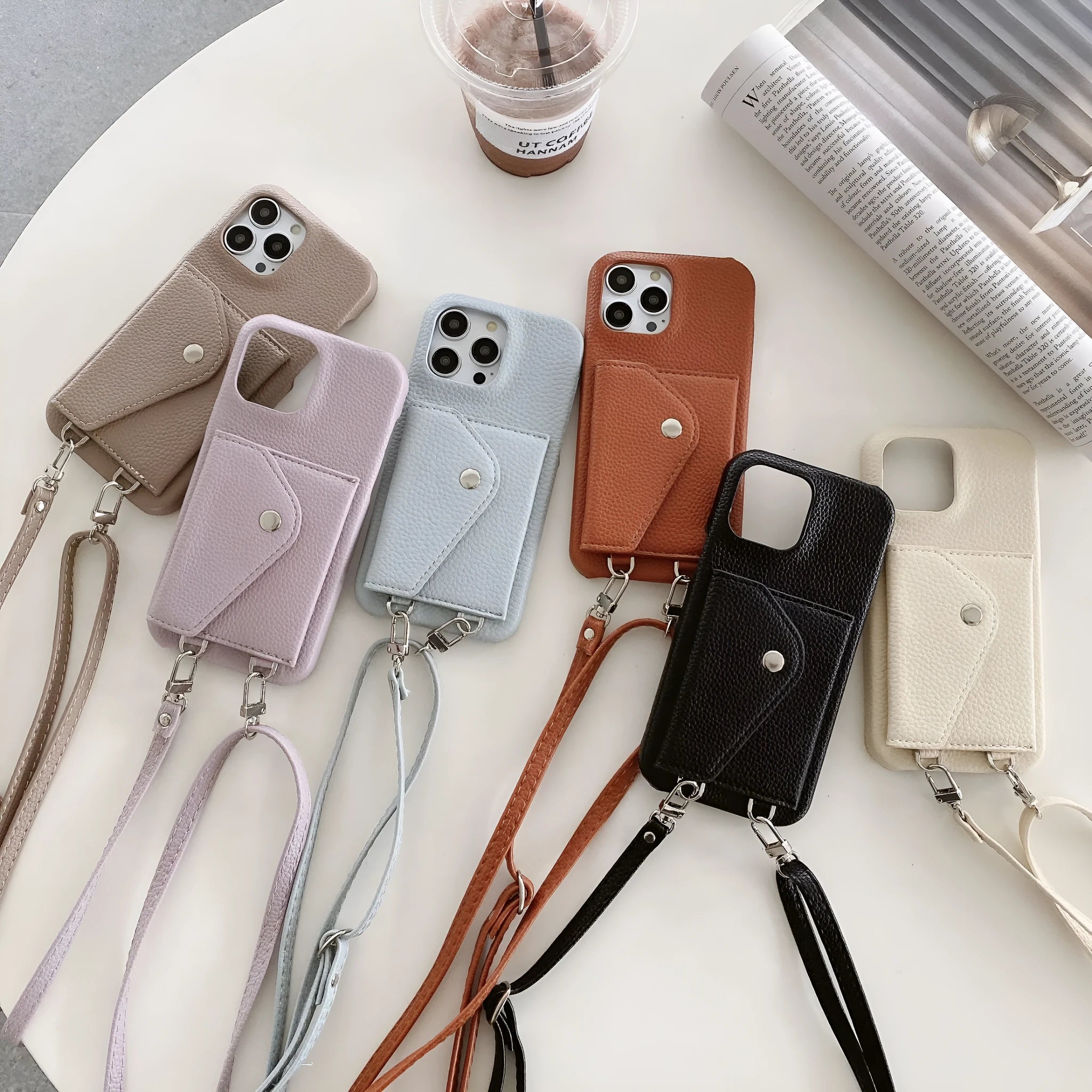 Lychee pattern triangle veil card holder crossbody phone case for iPhone 13 14 15 with lanyard, black colour