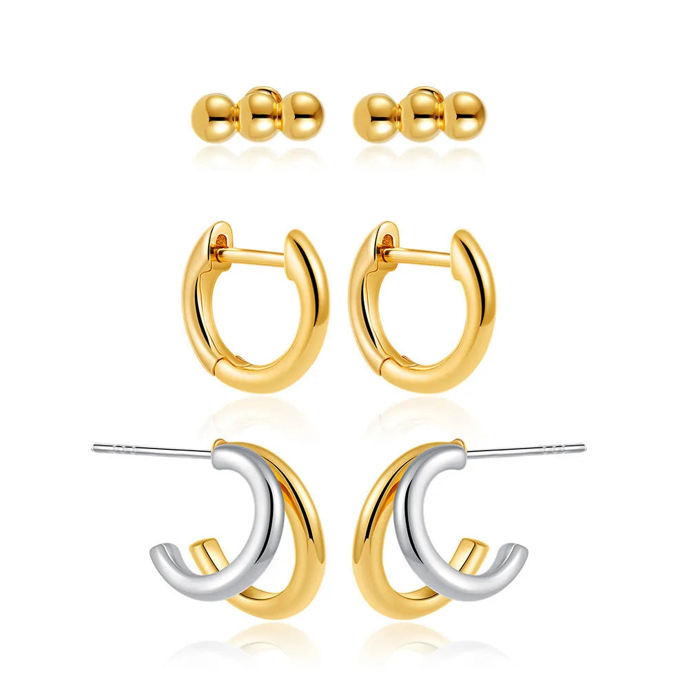18K gold INS wind geometry three-piece ear buckle set for women copper earrings two-tone ear studs geometric shapes