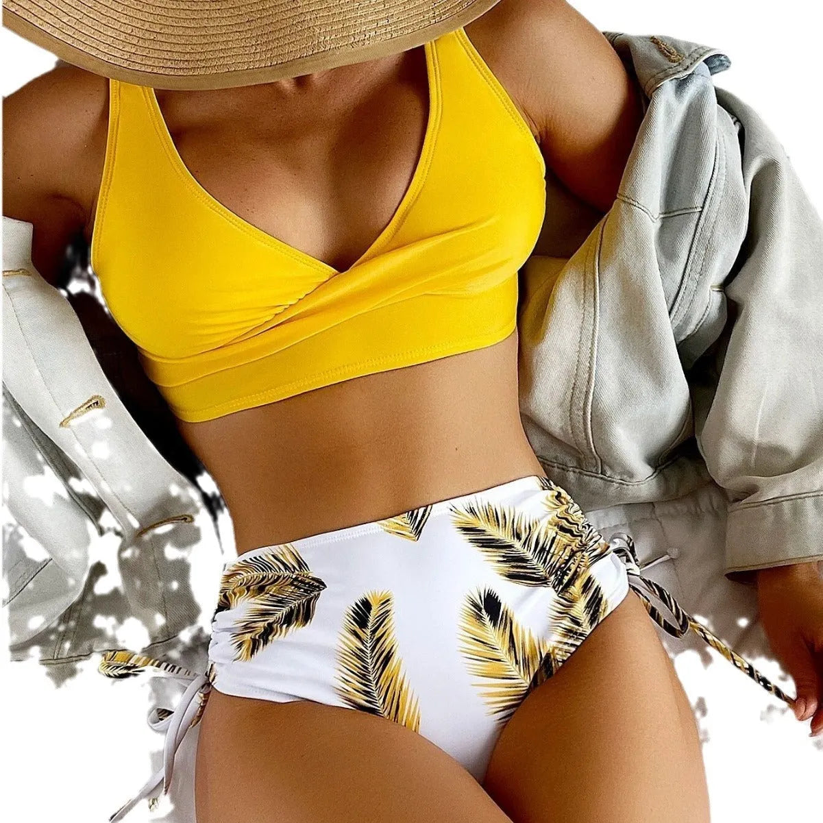Women's drawstring bikini swimsuit set in black with top and shorts, nylon fabric, high waist briefs