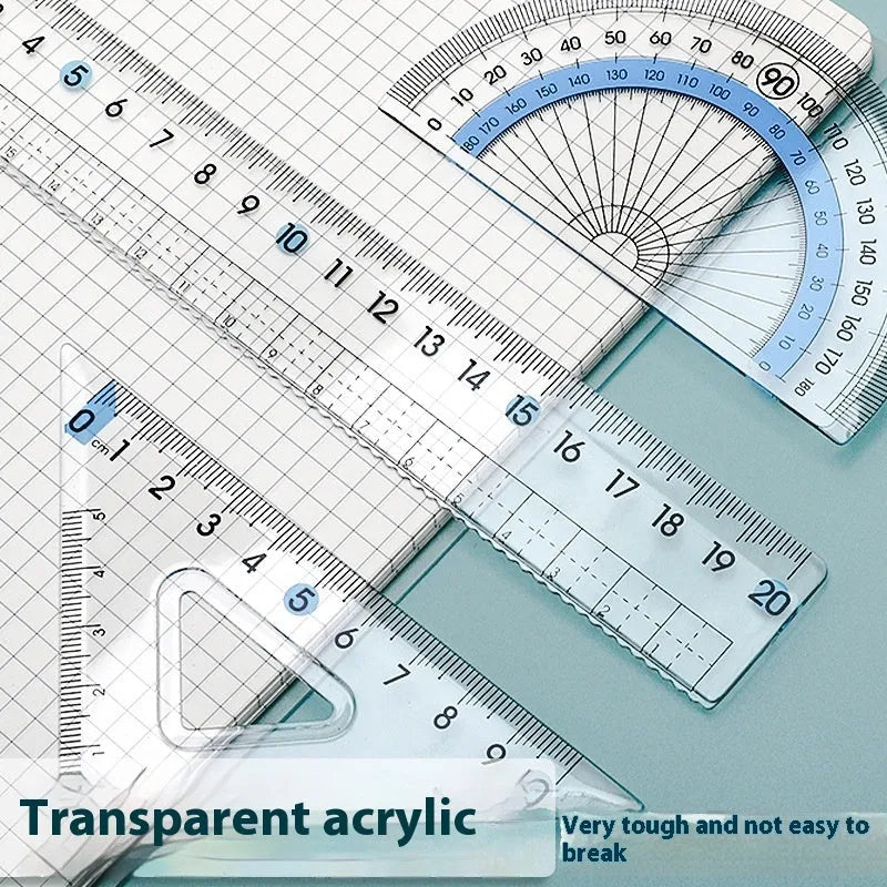 Youpai transparent acrylic drawing ruler set showing square, protractor, and rulers for geometric drawing