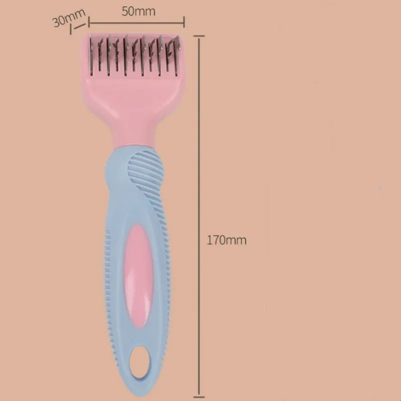 Pink stainless steel dog comb and brush tool with a knot knife edge for pet grooming.