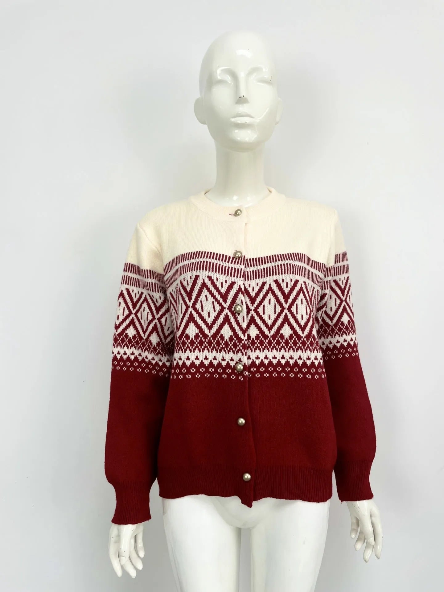 Women's grey alpaca wool diamond knitted cardigan with contrast colour sleeves