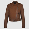Women's black PU leather motorcycle jacket with short lapel and removable waist belt