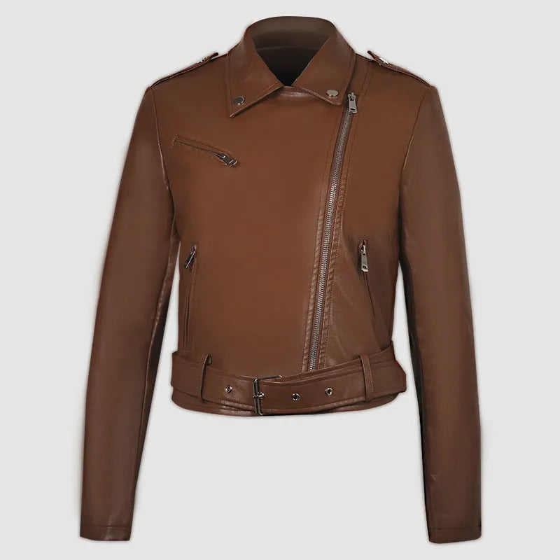 Women's black PU leather motorcycle jacket with short lapel and removable waist belt