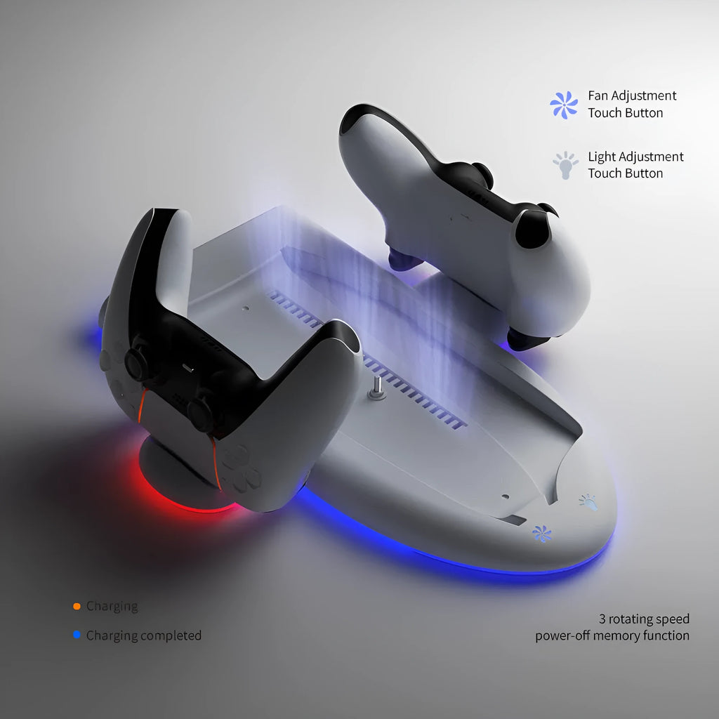 White PS5 charging dock with cooling fan, RGB lighting, and controller charging belt
