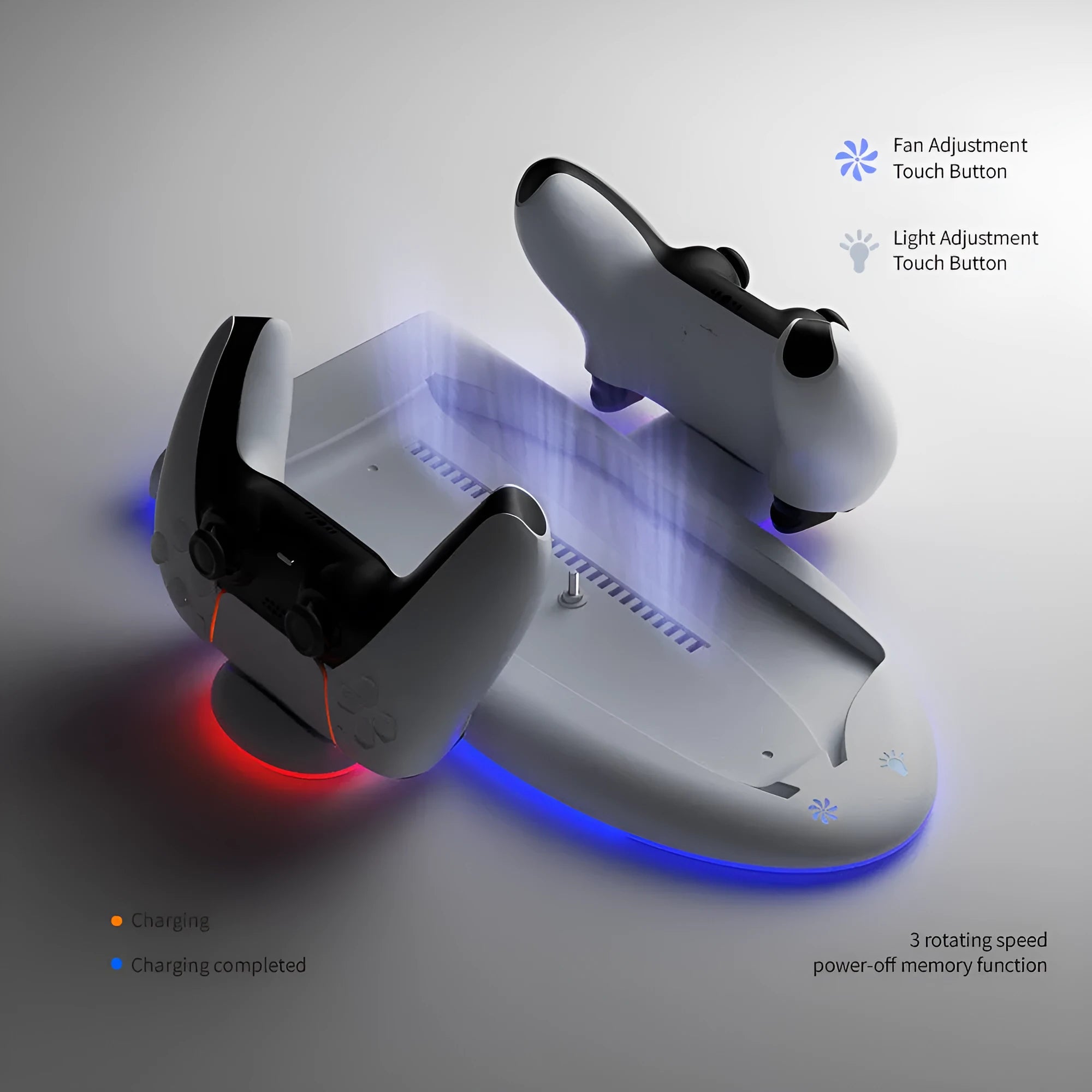 White PS5 charging dock with cooling fan, RGB lighting, and controller charging belt