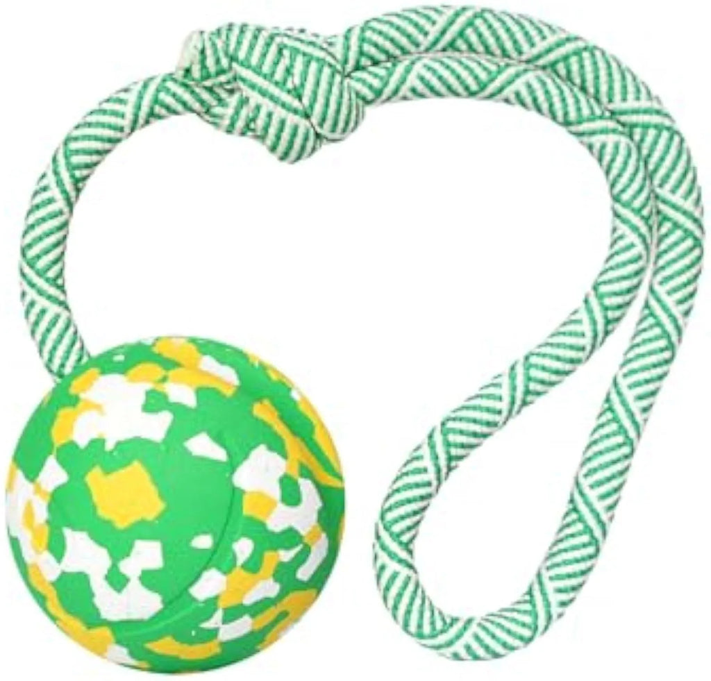 Natural rubber dog ball attached to a nylon rope toy for medium and small breeds