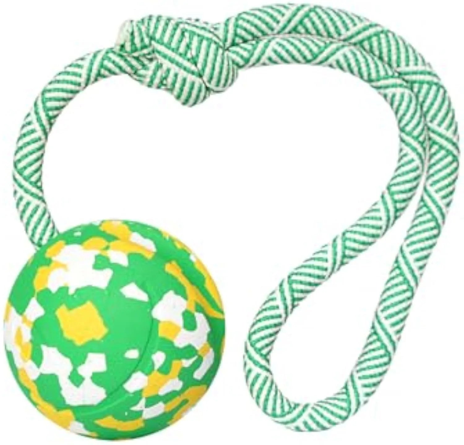 Natural rubber dog ball attached to a nylon rope toy for medium and small breeds