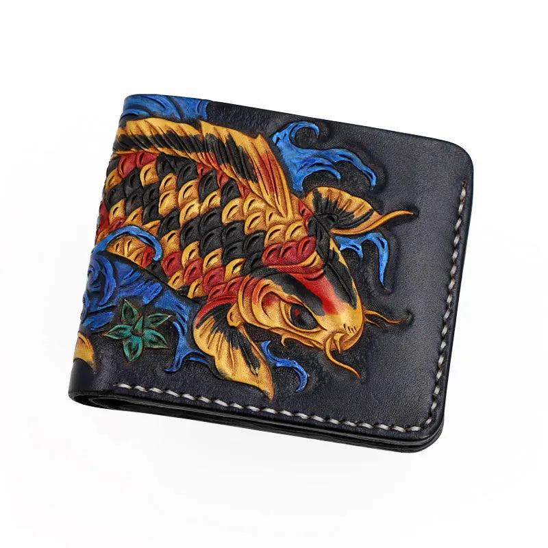 Men's blue cow leather short wallet with manual carving and open closure.