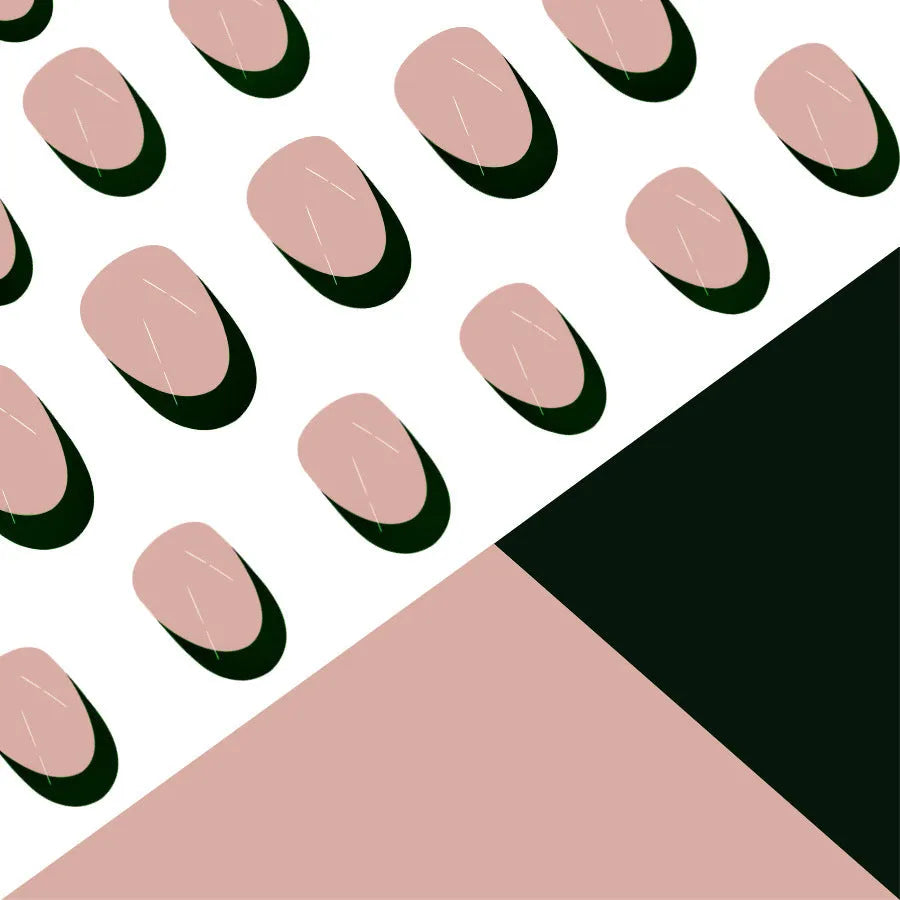 Black French-style manicure set showing 24 almond-shaped nail art pieces with J049 colour classification