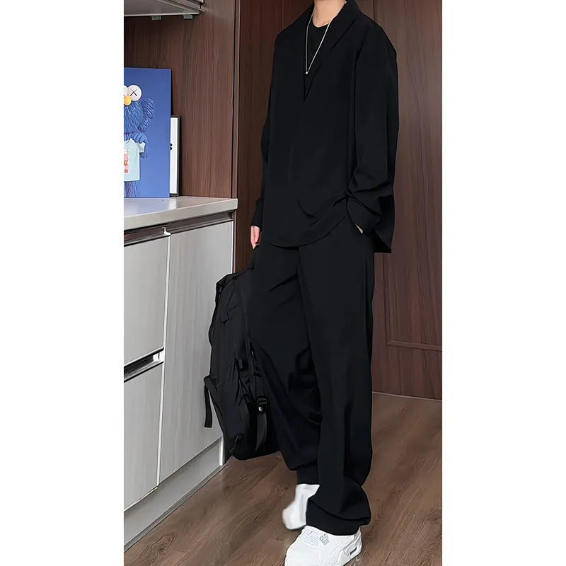 Men's black long sleeve polo shirt and trousers two-piece suit set with slim fit styling