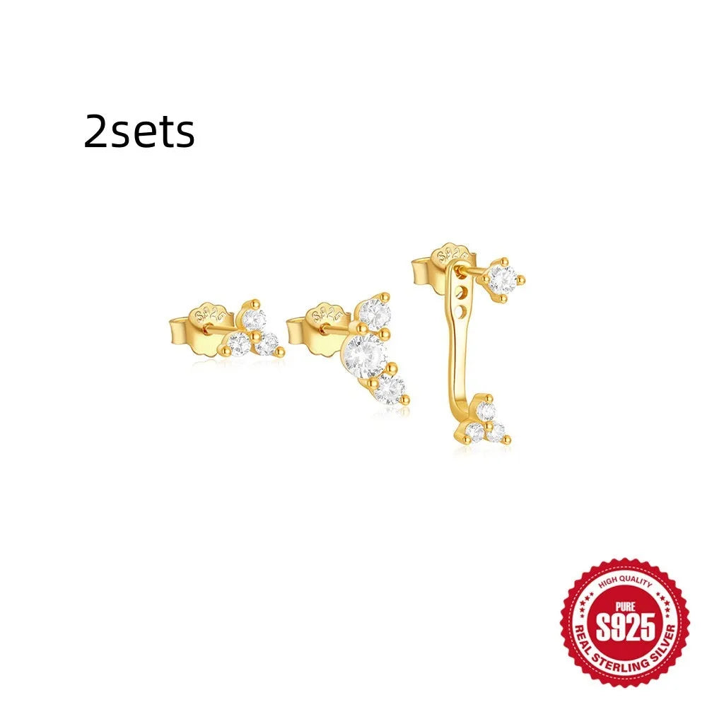 Set of three S925 sterling silver geometric tassel stud earrings in gold colour.