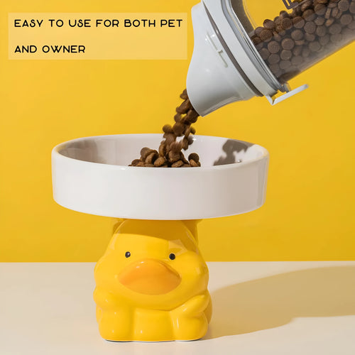 Ceramic raised cat bowl in animal theme design on a floor