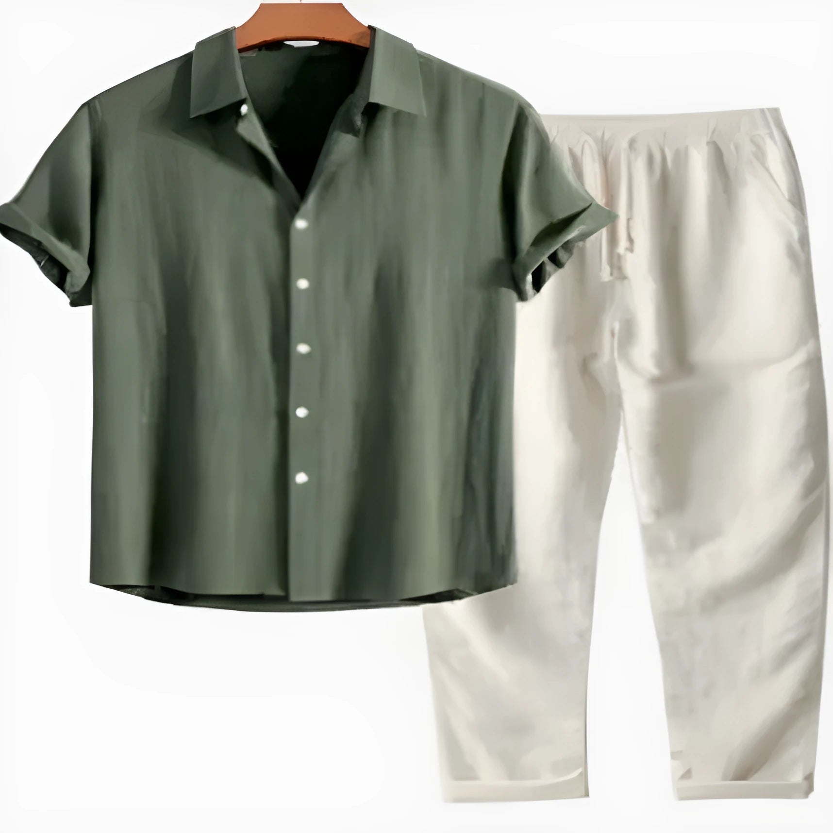 Man wearing a slim-fit green floral print cardigan with matching trousers.