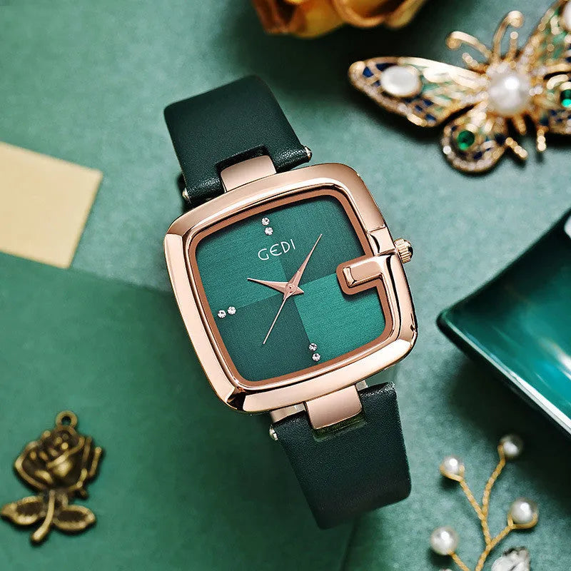 Women's leather quartz watch with 36mm hardened glass dial on a 230mm leather strap in black