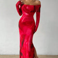 Women's green printed pleated mesh fishtail dress with a square collar and side split.