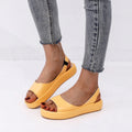 Women's flat sandals with fish mouth toe, back strap, side hollow, artificial PU upper, rubber sole, solid colour