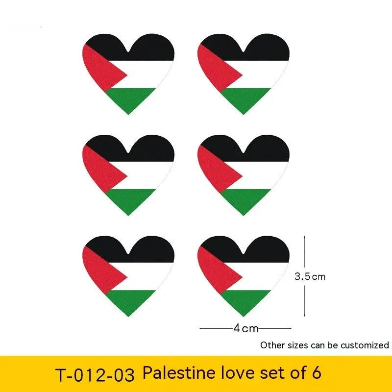 Pack of six Palestinian flag and text car decal stickers on adhesive backing paper.
