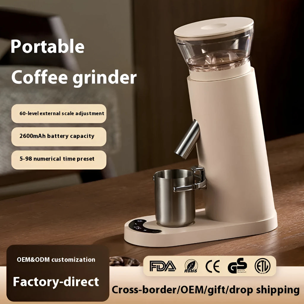 Portable electric coffee grinder machine with stainless steel reservoir in retro style beige colour