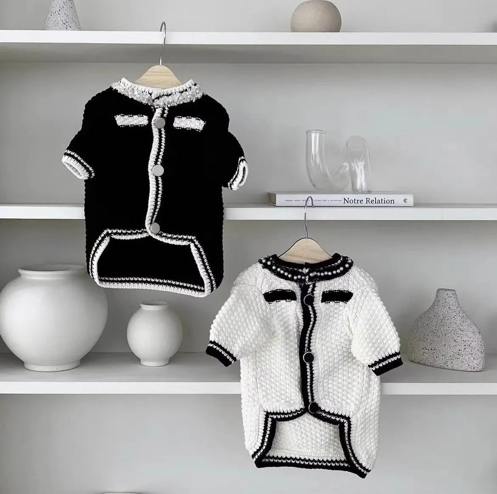 Korean style pearl collar dog sweater in black and white colours showing Princess design for small dogs