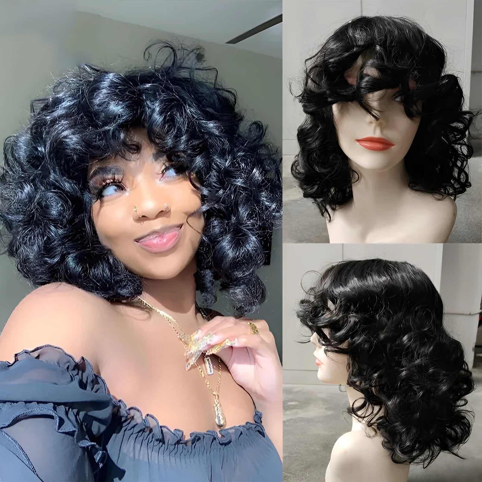 Black synthetic Afro wig with long curly hair in European American exotic style