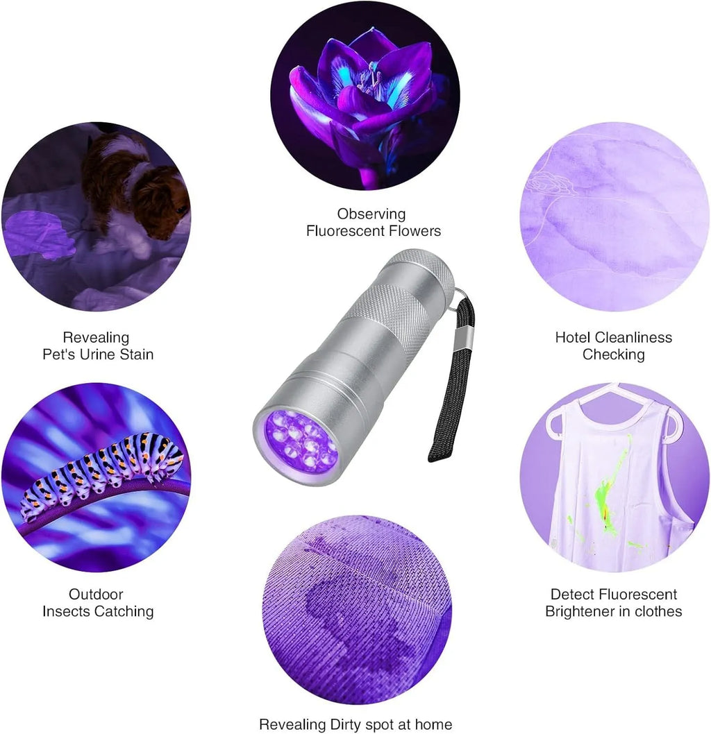 Black and silver aluminium UV flashlight with dimensions shown for scale.