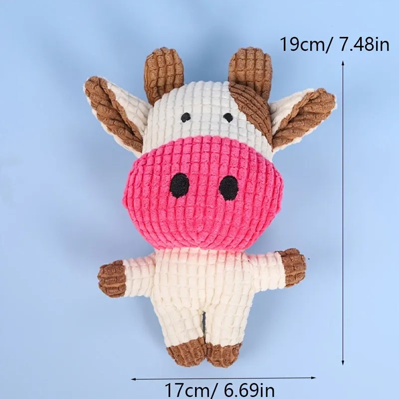 Animal shaped plush dog chew toy with squeaker in blue, brown, cow, grey, pink, white or yellow