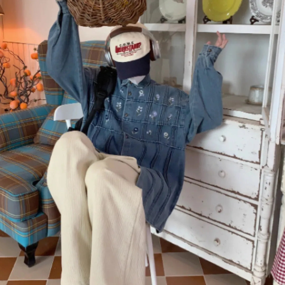 Vintage washed blue denim long-sleeved shirt with small floral pleated detail
