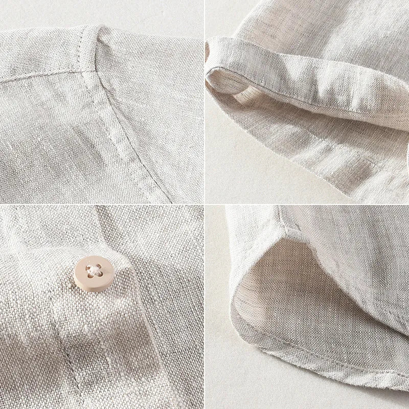 Men's short sleeve linen casual shirt with a square collar in raw jute colour.