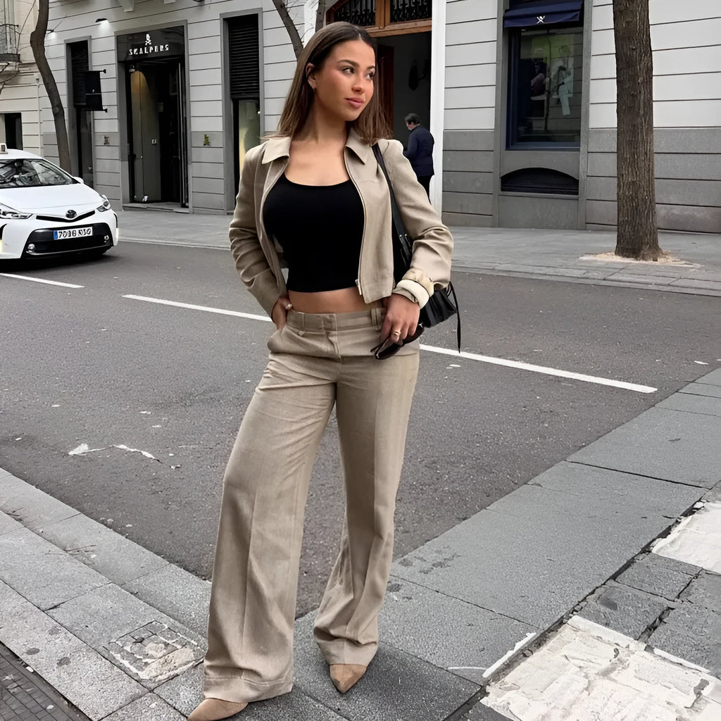 Women's herringbone pattern suit with 3D embroidery on jacket and trousers in street fashion style