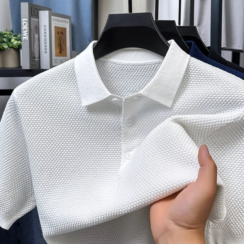 Men's loose fit short sleeve cotton pullover sweater in grey, showing relaxed casual style