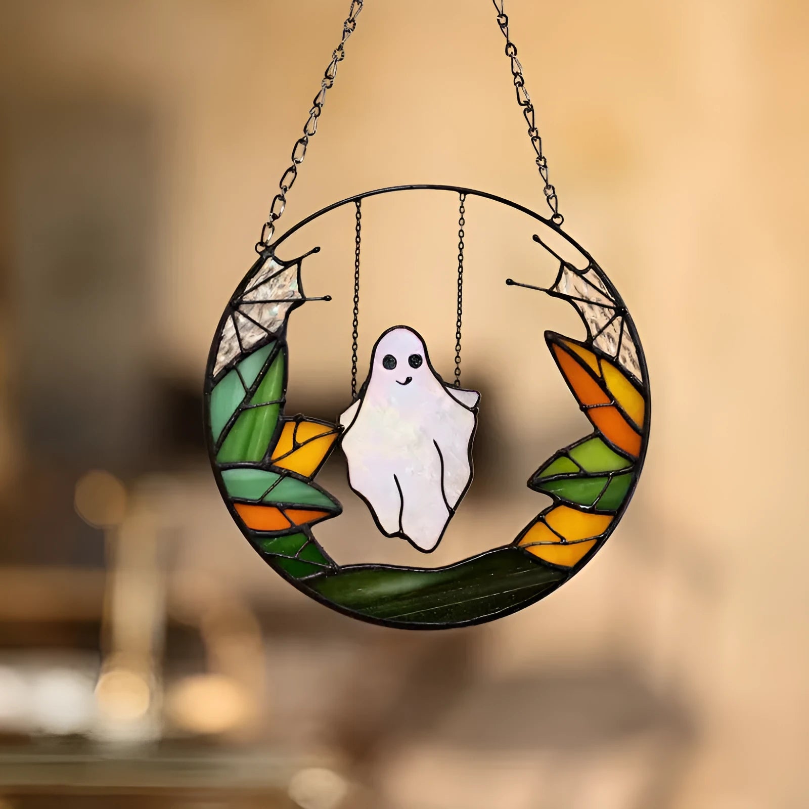 Halloween witch metal pendant with skull chain details, 20cm diameter, retro style