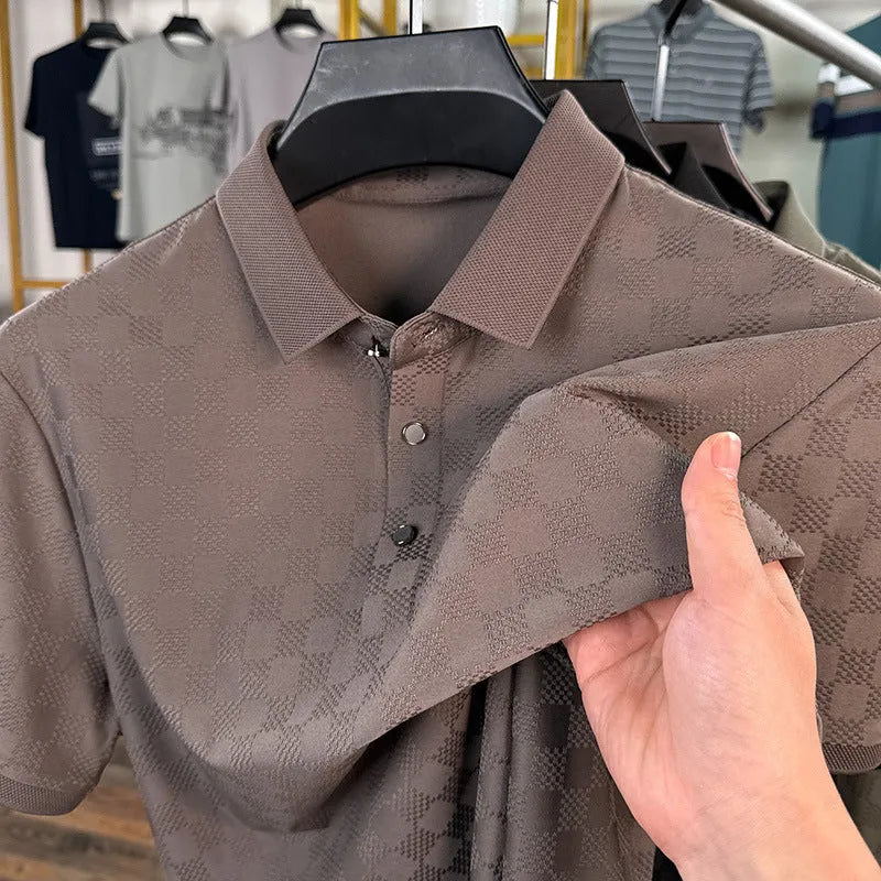 Rhombus brand thin ice silk short sleeve T-shirt for men in black, showing V-neck with slit detail.