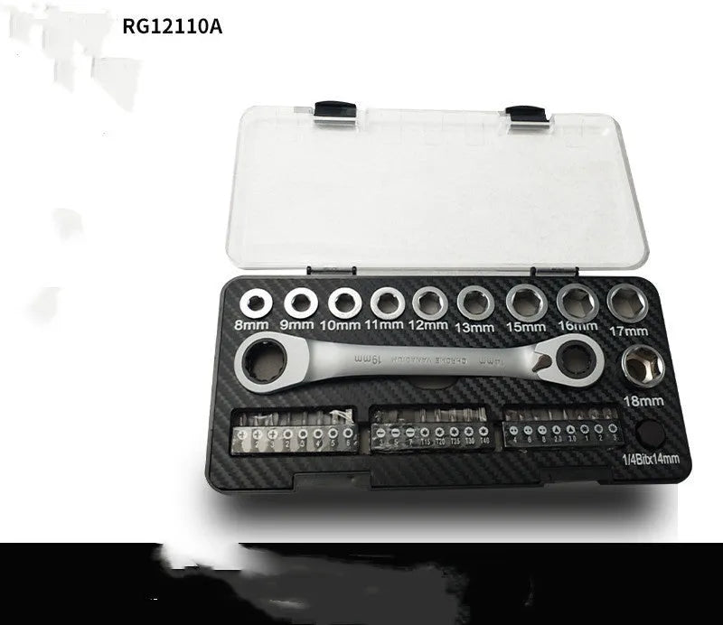 Dual-purpose ratchet wrench and screwdriver set with a collection of ten sockets and three bit heads laid out.