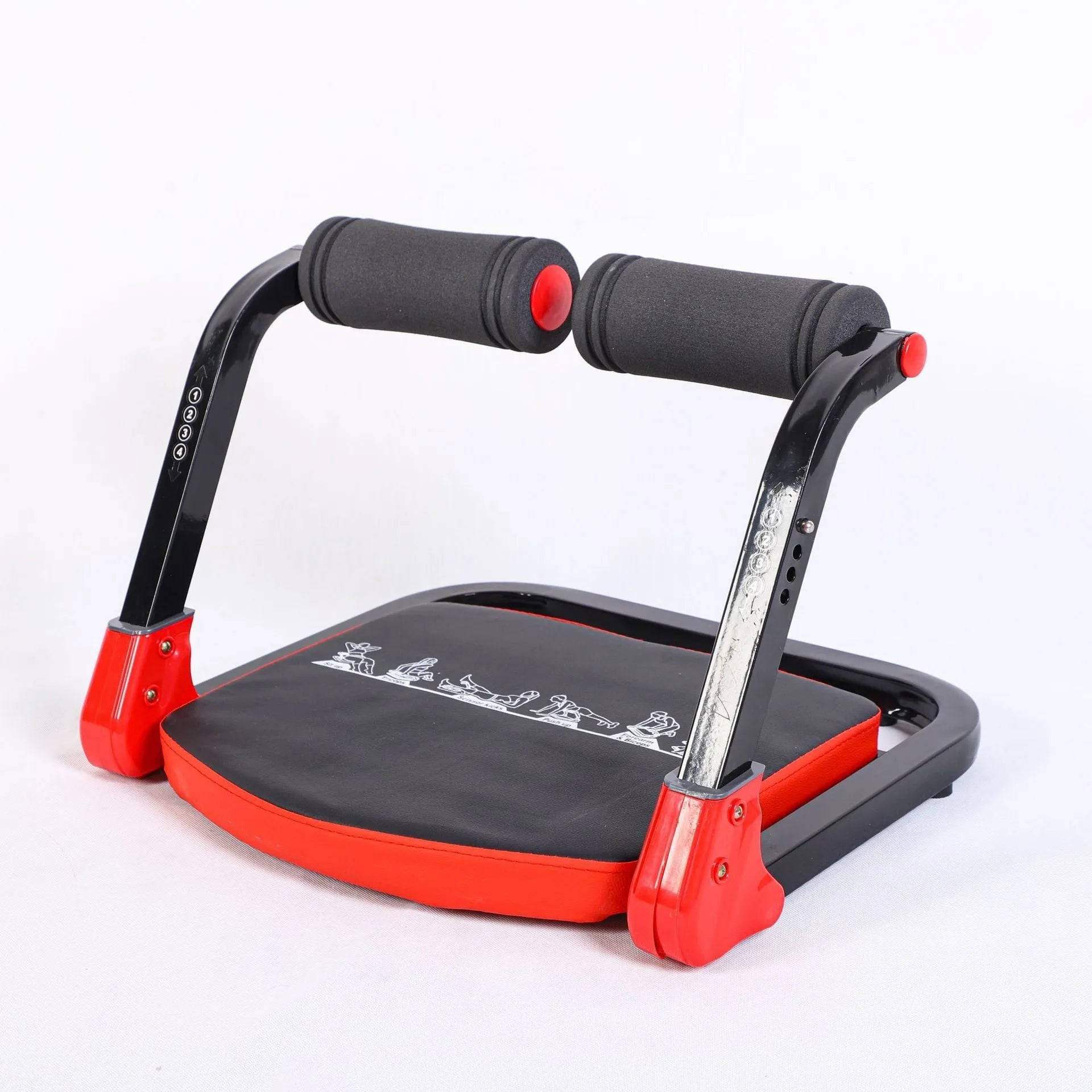 A compact red or sky blue multifunctional abdominal exercise device for home and office fitness.