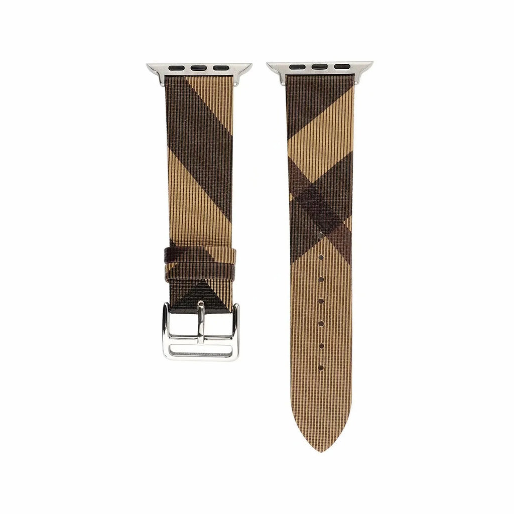 Grey plaid leather-style PU watch strap for 38/40mm or 42/44mm watch cases on a white background