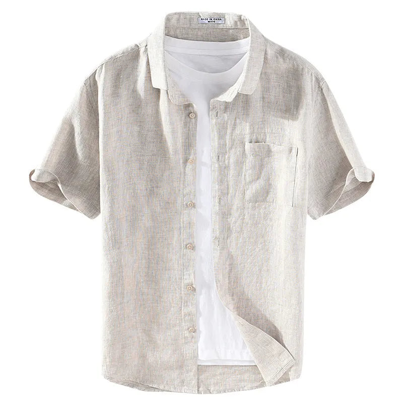 Men's short sleeve linen casual shirt with a square collar in raw jute colour.