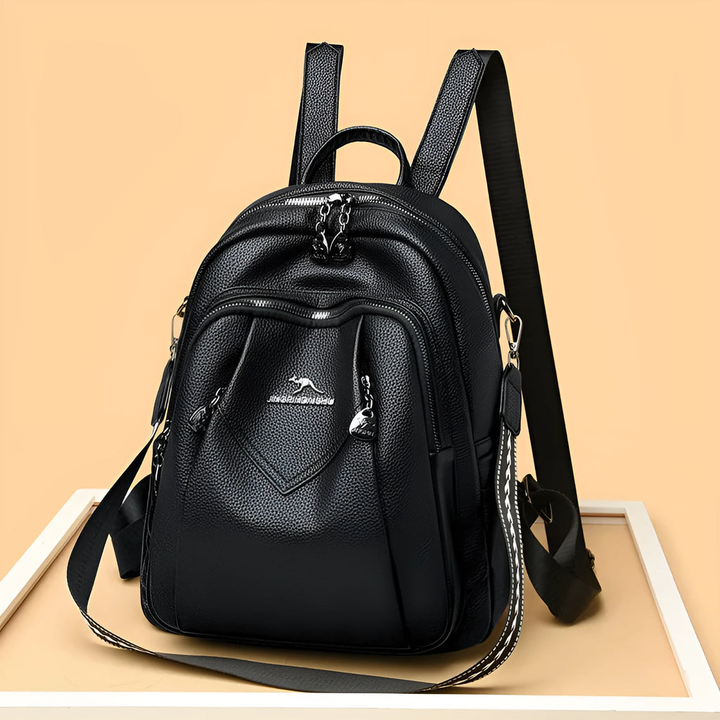 Genuine leather geometric patchwork student backpack with metal belt decoration, waterproof and wear-resistant, in black beige and yellow