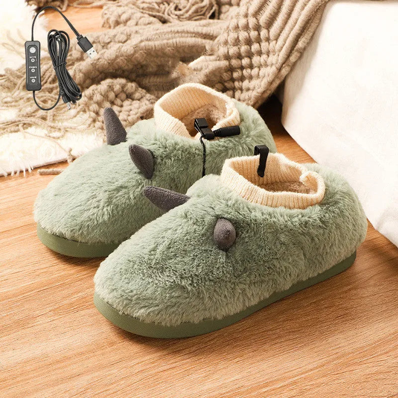 USB electric heating slippers in soft velvet, showing adjustable temperature controls and a connected USB cable.