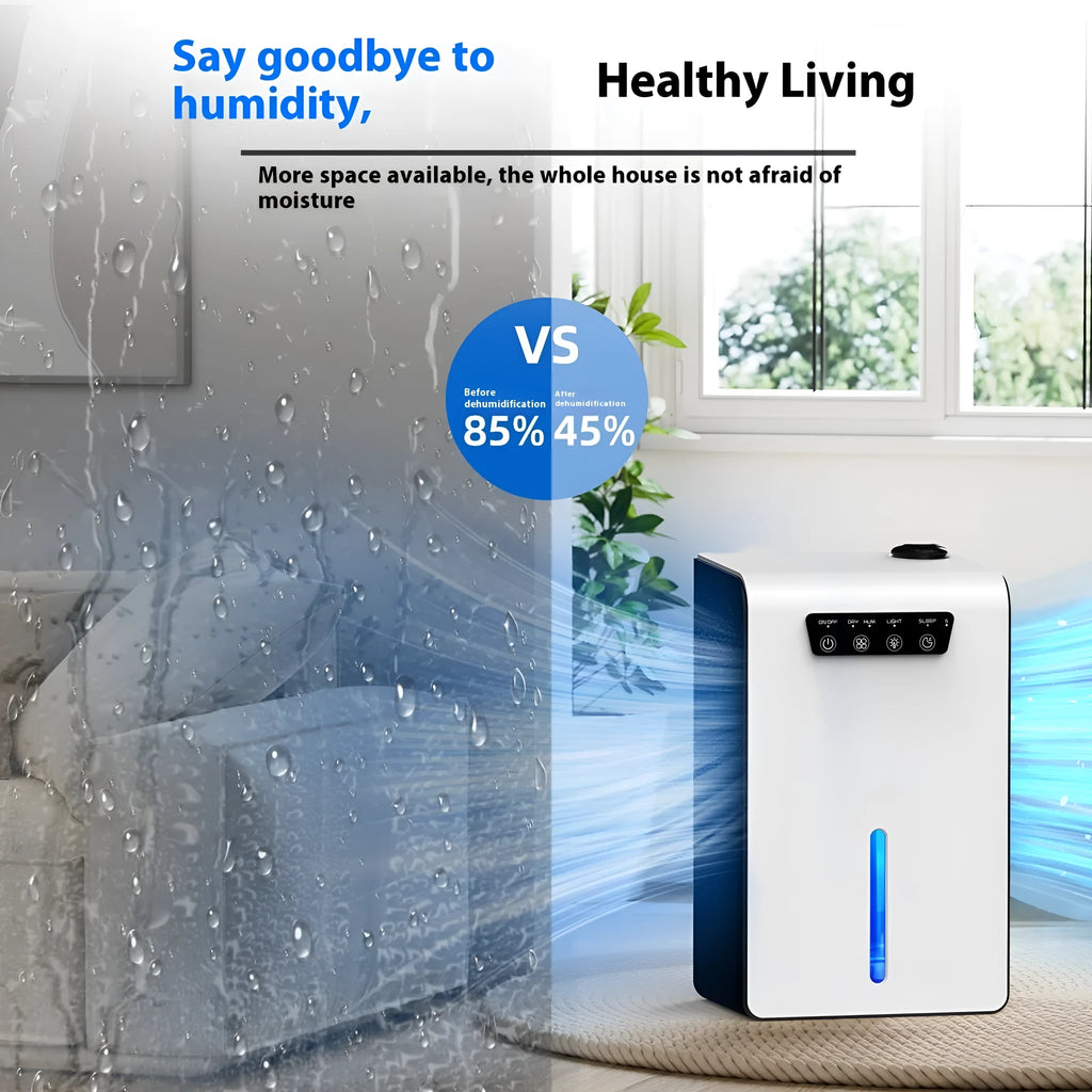 Milky white compact portable dehumidifier for small bedrooms and living spaces.