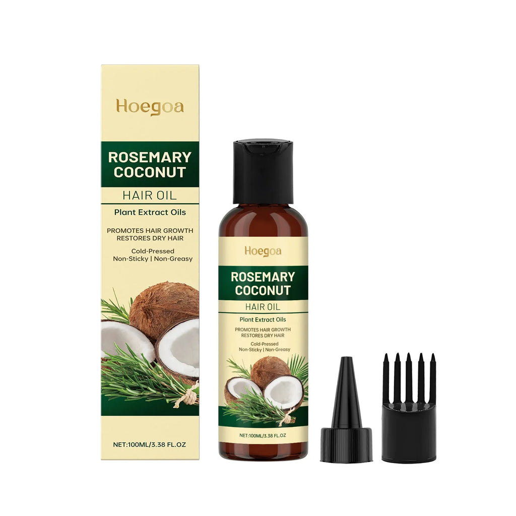 Rosemary coconut hair oil 100ml with squeeze head and comb head on white background