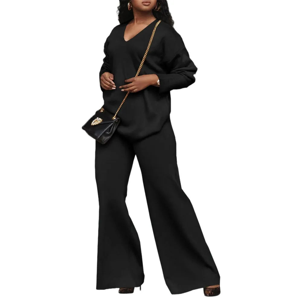 Women's brown thickened suede two-piece suit set with split sleeve design and full-length trousers