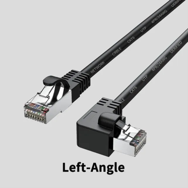 Cat6 Ethernet cable with right-angle RJ45 connector in various colours and lengths